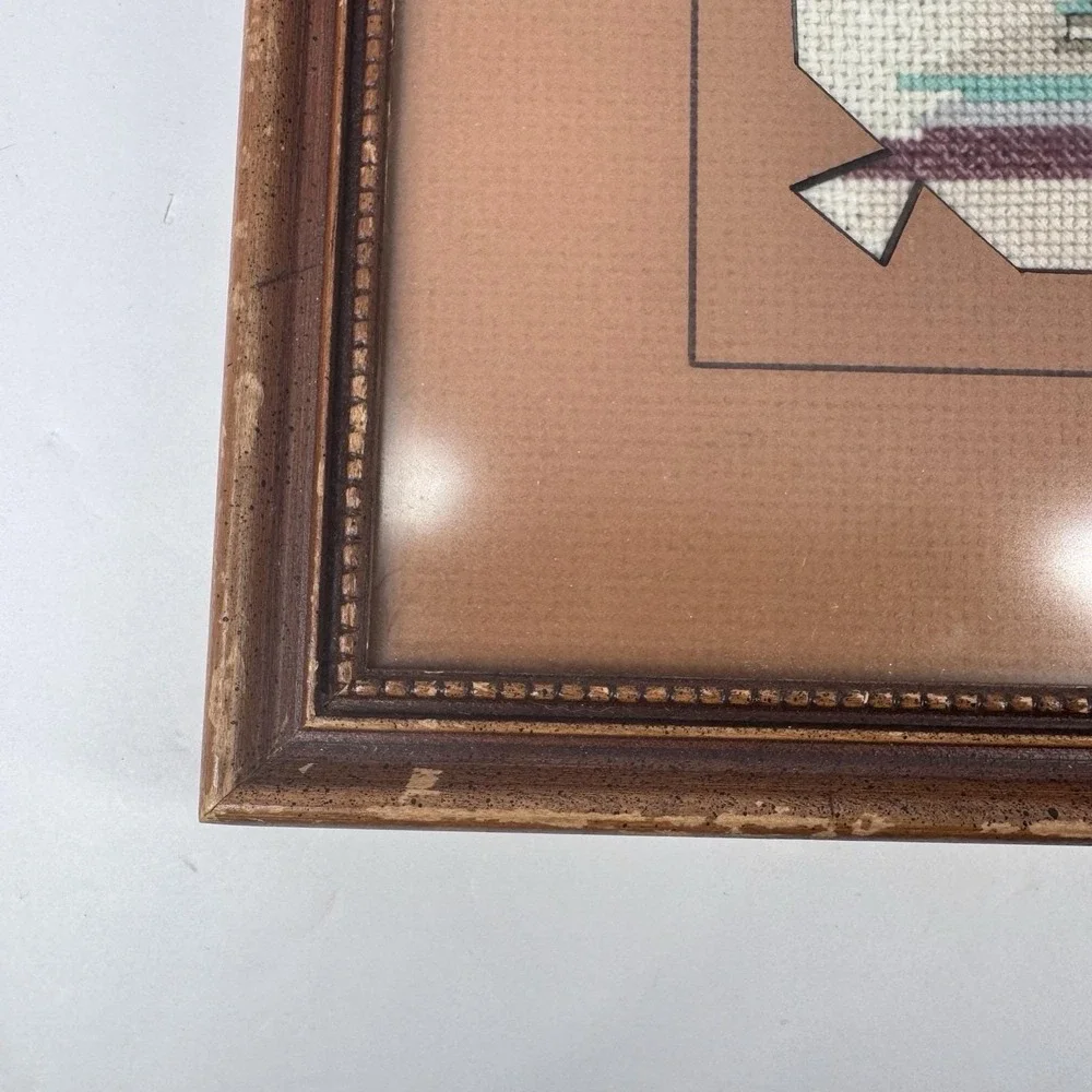 Framed‎ Hand Stitched Needlepoint Southwest Scene Wall Art Brown Frame 14x15